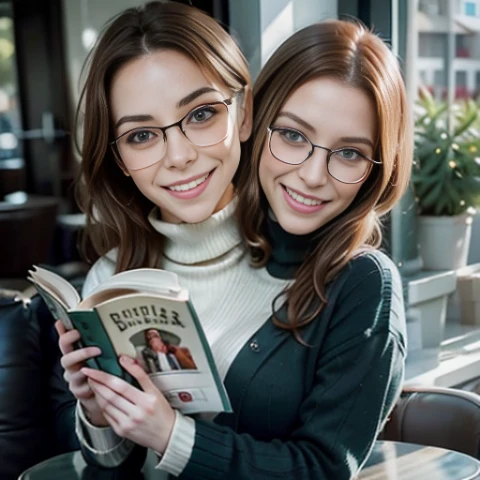 2heads,Mature, woman, wearing a turtleneck, high detail eyes, detailed eyes, dark green eyes, kanon, high graphics, extra bodyparts, extra limbs, solo, duplicate head place left of original, pale skin, , shiny hair, asymmetrical body, wearing a cotton sweather, high detail skin, detailed face, sun lighting, smile, freckled skin, twins, european, many freckles , freckles on chest, freckles on face, big eyes, ginger, simulate one body two headed, wearing glasses reading a book, cup of tea in left hand, book in right hand, smiling with teeth, looking at the viewer, squinting