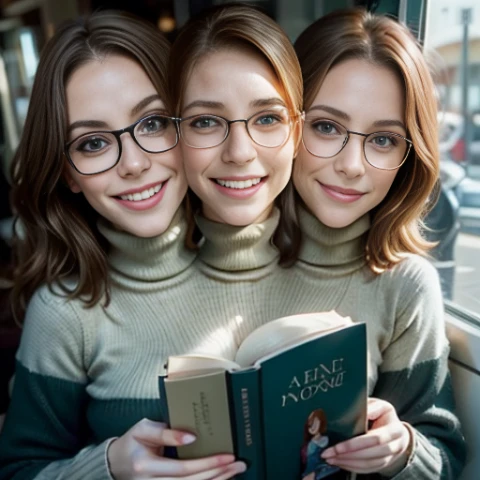 2heads,Mature, woman, wearing a turtleneck, high detail eyes, detailed eyes, dark green eyes, kanon, high graphics, extra bodyparts, extra limbs, solo, duplicate head place left of original, pale skin, , shiny hair, asymmetrical body, wearing a cotton sweather, high detail skin, detailed face, sun lighting, smile, freckled skin, twins, european, many freckles , freckles on chest, freckles on face, big eyes, ginger, simulate one body two headed, wearing glasses reading a book, cup of tea in left hand, book in right hand, smiling with teeth, looking at the viewer, squinting