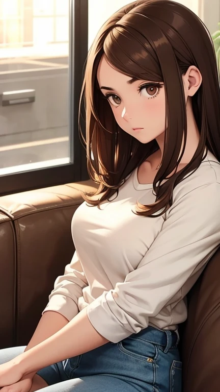 Girl, Brown hair, brown eyes, beautiful body, casual man clothes, looking the phone, bored, resting on the couch.