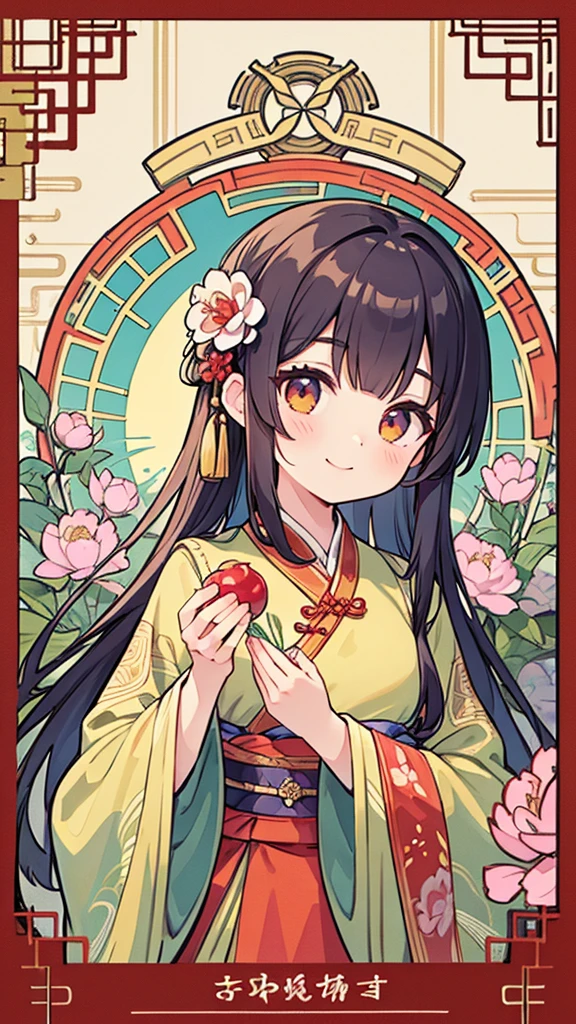 absurdres, best quality, fine detailed, 8k, new year greeting card, tarot card style frame, art nouveau, (Alphonse Mucha), art deco, Ancient china Style, 1girl, smile, red color hanfu dress, hair flower ornament, upper body, Chinese style fantasy window decorated with crystal texture, Ancient court scenery, red flower decoration beads, Chinese-style decorative string, plum blossoms tree, peony, petals
