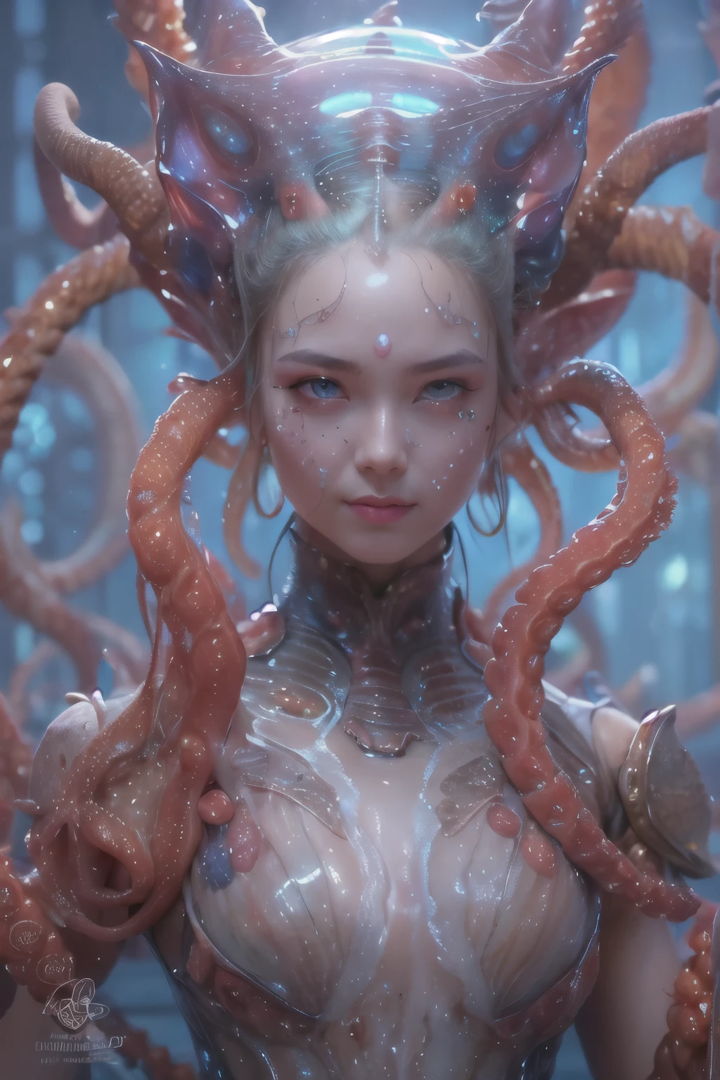 Portrait, (beautiful female alien:1.2), (she has red eyes with no pupils:1.8), (Translucent skin:1.7), (There is a female genital-like organ in the middle of the forehead:1.9), (The most beautiful face in the history of the universe:1.2),an evil gaze that seduces, (large mouth:1.1), (sharp teeth like a vampire:1.2), Full body portrait, (bio luminescent:1.5), (Smile wickedly:1.3), (sexypose:1.5), alien, No humans, cells are fused, (Lots of translucent tentacles:1.3) extraterrestrial, cell, bio image, best quality, 8K,In 4K_quality, High freshness, Dramatic Lighting, masutepiece:1.5,cinematic quality, detail up, (exquisite details:1.2), high resolution, High freshness, drawing faithfully, (Thick eyebrows:1.2), Beautiful eyes with fine symmetry,(Highly detailed face and eyes:1.2), Intimate face, (Super detailed skin quality feeling:1.4), perfect anatomy, (Beautiful toned body:1.5), (Moist skin:1.2), not wearing makeup, (dark circles:1.1), long canines, cinematic drawing of characters, ultra high quality model, cinematic quality, detail up, (exquisite details:1.2), high resolution, High freshness, drawing faithfully, official art, Unity 8K Wall , 8K Portrait, best quality, Very high resolution, ultra detailed artistic photography, midnight aura, unreal engine 5, Ultra Sharp Focus, art by alberto seveso, ArtGerm, Roisch, intricate artwork, best quality, masterpiece, ultra high resolution, (photos realistic:1.4), ultra realistic realism, dream-like, nautilus, Creation of fantasy, Snail, Dream Snail, (biopunk nautilus:1.3),Thrilling color schemes, ultra realistic realism, seductively smiling, Blue tentacles,