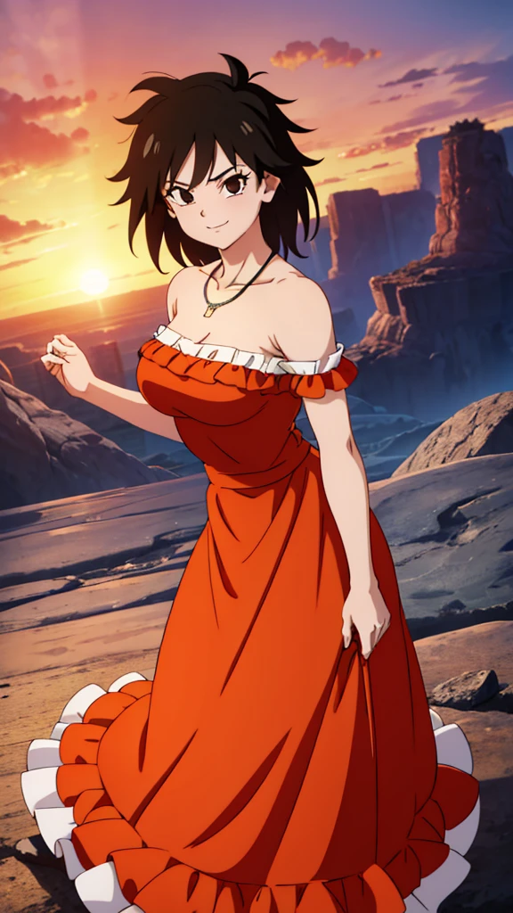 Gine as a flamenco dancer, masterpiece, best quality, ultra detailed, 8k, 4k, half body, cowboy shot, Gine, 1 girl, solo, smile, looking at viewer, full body, black hair, short hair, hand on hip, bare shoulder, bare arms, medium breast, necklace, seductive, strapless, a flamenco dress, orange ruffle off the shoulder attire, orange off the shoulder top, black maxi dress, a village at night
