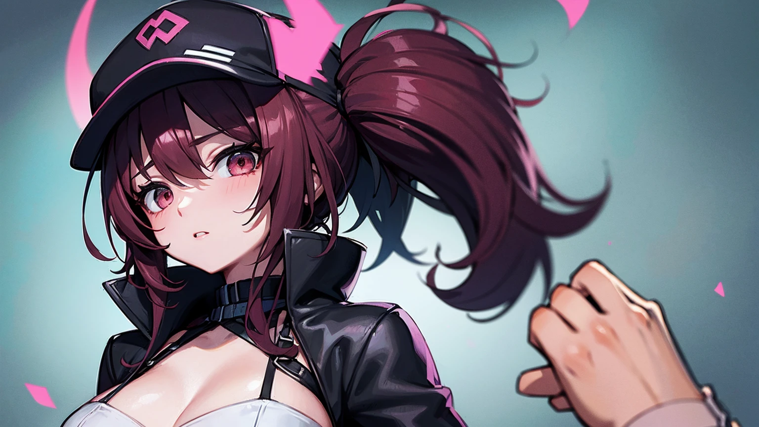 crea un logo de una chica,de cuerpo completo estilo anime, de pelo rosado, con labios rosa,  con un busto normal grandecito,  con una cadera grandecita, y muslos grandecitos, with neon school suit, con  una mini corta, y un parche en el ojo, con un dibujo, of a medium skull, que tenga escrito, grim reaper