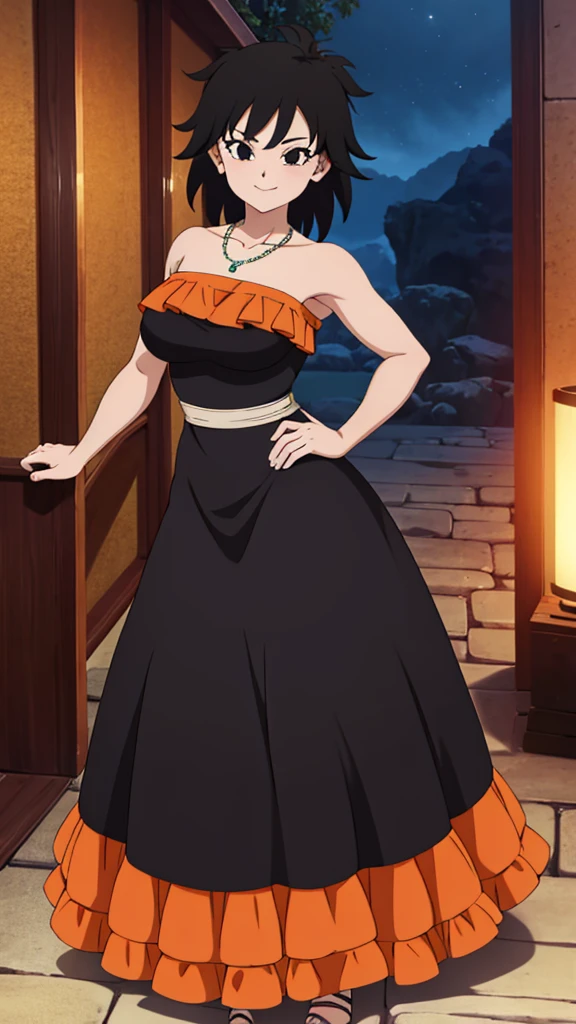 Gine as a flamenco dancer, masterpiece, best quality, ultra detailed, 8k, 4k, half body, cowboy shot, Gine, 1 girl, solo, smile, looking at viewer, full body, black hair, short hair, hand on hip, bare shoulder, bare arms, medium breast, necklace, seductive, strapless, a flamenco dress, orange ruffle off the shoulder attire, orange off the shoulder top, black maxi dress, Mexico City village at night