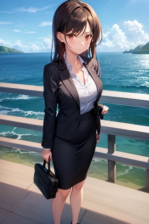 1girl, chizuru mizuhara, beach background, suit, office lady, black skirt, black blazer, pencil skirt, white shirt, collared shirt, long hair, teenager, looking at viewer, full body