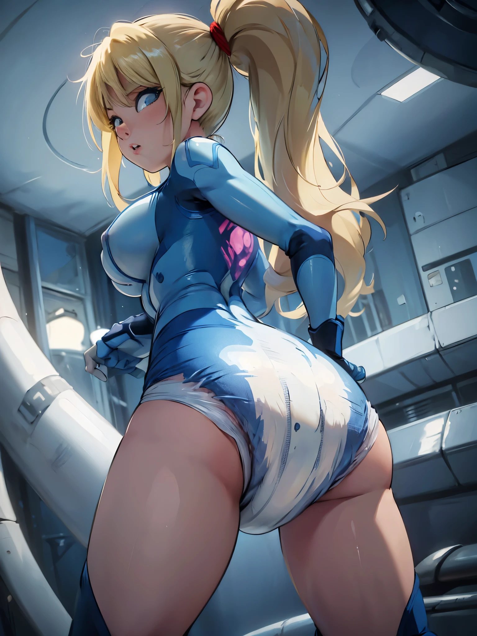 (masterpiece), best quality, expressive eyes, perfect face, highres, (8k), (perfect face), (ultra details), 1 girl, solo, samus aran, ponytail, hair tie, blue gloves, blue bodysuit, body-tight suit, spacecraft background, standing, big butt, portrait, from behind, ((wearing a diaper))