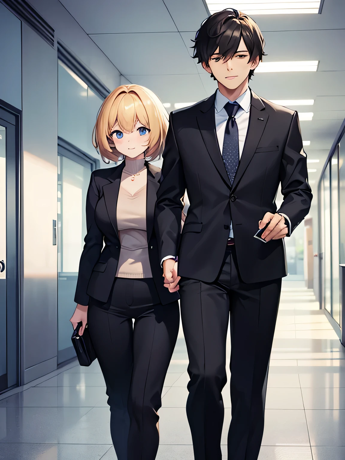 1,A male and female couple walking hand in hand.
2,That woman is the president of the company、wearing a sexy and gorgeous suit。.
3,The man is a new employee&#39;s secretary., shaggy hair and childish face, pulled by a woman.
4,The location is the hallway of the company..