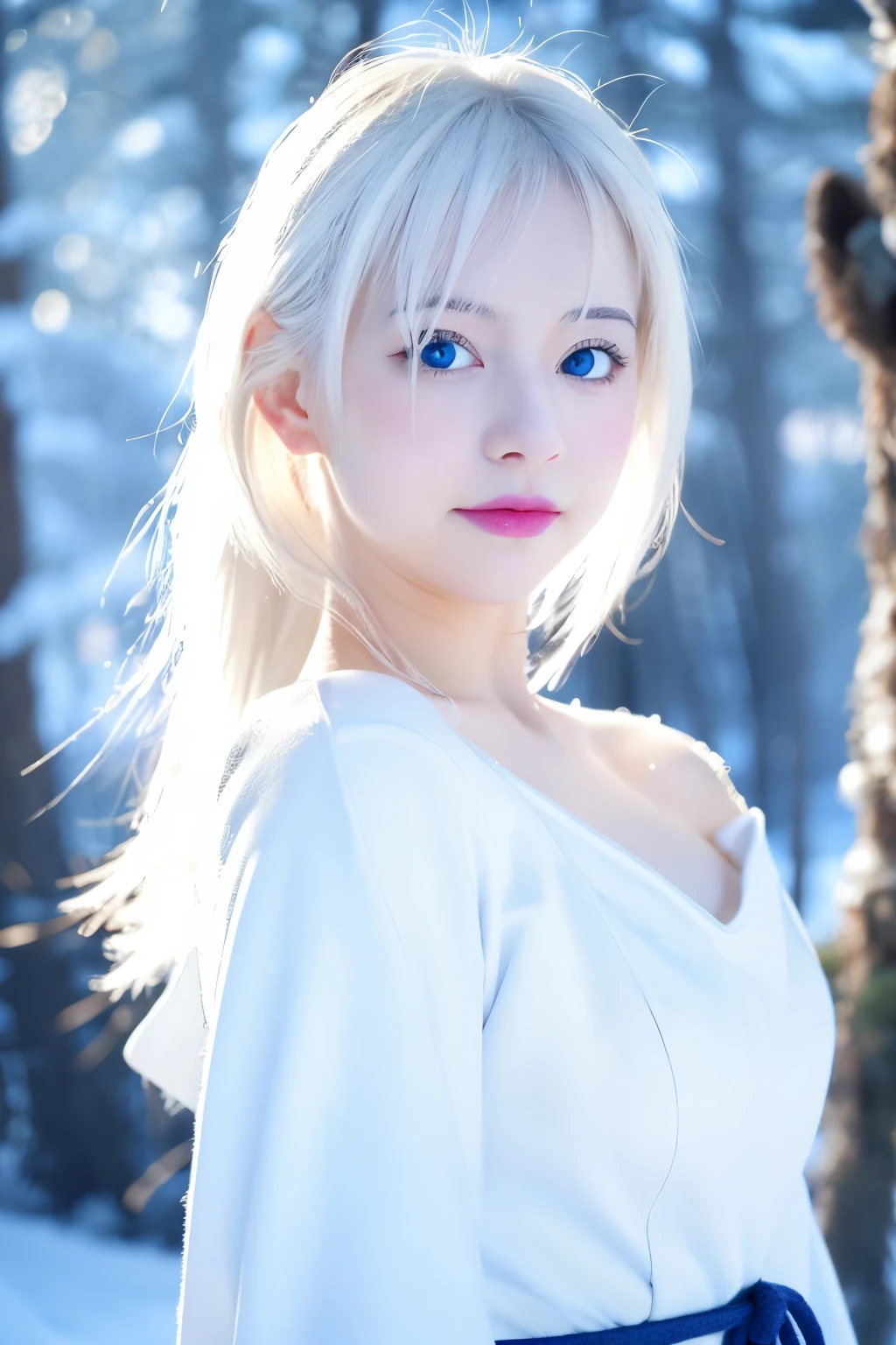 white haired japanese woman, She wears a white Japanese dress with white details., snow girl, 古代霜の美しいsnow girl, The snow queen, surrounded by snow, ice wizard, in the frozen forest, ((shining blue eyes))high quality)), ((masterpiece)), (be familiar with), perfect face