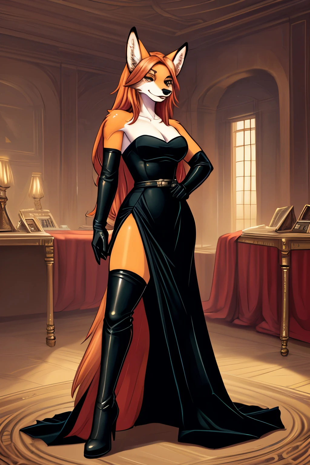 Top quality, arrogant rich vixen, long hair, in a tight long black strapless dress, wearing long gloves, in black thigh-high boots, stands in a rich room, fantasy