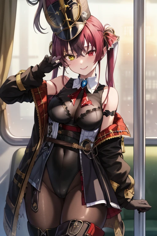 2D, masterpiece, highest quality, anime, very detailed, cowboy shot, 1 girl, alone, Marine_board member, Black leotard, black pantyhose, black gloves, striped hair, thigh boots, red coat, off shoulder, Shako Cap, heterochromia iris, red eyes, yellow eyes, Are standing, In the train car, enchanting smile 