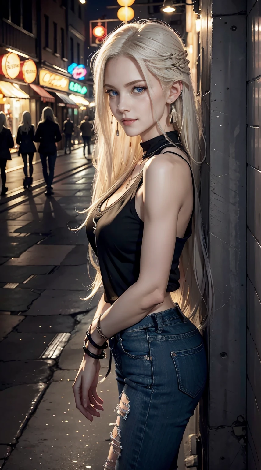 22 year old white female、Hair color is platinum blonde、blue eyes、long hair、straight hair、The ends of the hair are wavy、accessories on wrist、wearing a necklace、has earrings、skin is smooth、Slender but muscular body、smile、Wearing a sleeveless black high-neck zipper-up top、wearing skinny jeans、I'm in a narrow alley in a restaurant district at night with neon lights shining.、Leaning against the wall and looking to the side