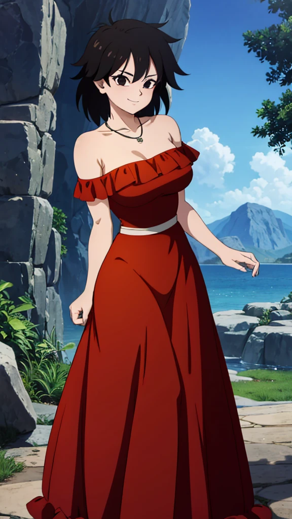 Gine as a flamenco dancer, masterpiece, best quality, ultra detailed, 8k, 4k, half body, cowboy shot, Gine, 1 girl, solo, smile, looking at viewer, full body, black hair, short hair, hand on hip, bare shoulder, bare arms, medium breast, necklace, seductive, strapless, a flamenco dress, orange ruffle off the shoulder attire, orange off the shoulder top, black maxi dress, Mexico City at night