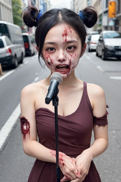 ((highest quality)), ((masterpiece)), (be familiar with), japanese idol, (Zombie Girl:1.5)、12 years old、(Hold the microphone and sing:1.4)、(concert on the street:1.3), フリルのついたcuteワンピース、Tattered dress、mini dress、on the streets of tokyo、lots of passersby、((cut on face))、((cut on shoulder))、(((cut on arm)))、(fatal head injury)、(fatal injury to the neck)、(One piece with blood on it:1.1)、twin tails、cute、whole body