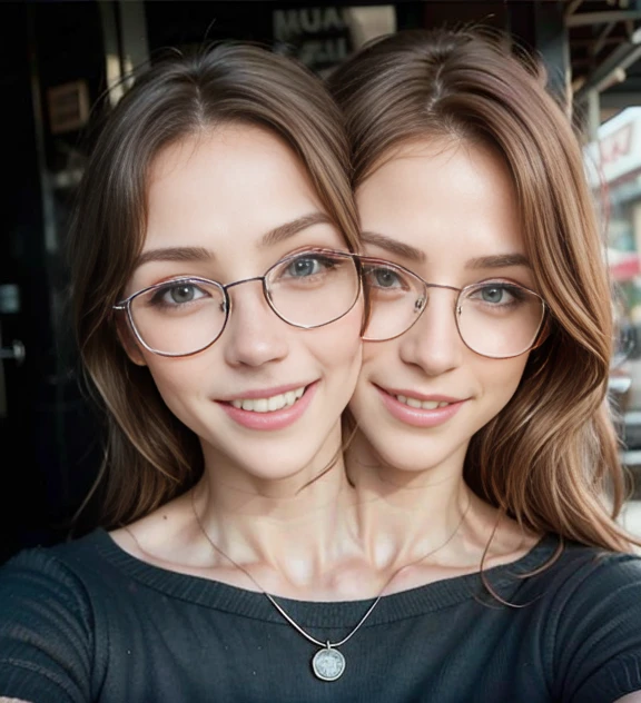(((Two head))), 23 years old, side by side, 2heads,Mature, woman, wearing a cotton sweather, high detail eyes, detailed eyes, dark green eyes, kanon, high graphics, extra bodyparts, extra limbs, solo, duplicate head place left of original, pale skin, , shiny hair, asymmetrical body, wearing a cotton sweather, high detail skin, detailed face, sun lighting, background café, smile, freckled skin, twins, european, many freckles , freckles on chest, freckles on face, big eyes, ginger, simulate one body two headed, wearing glasses reading a book, cup of tea in left hand, book in right hand, smiling with teeth, looking at the viewer, squinting