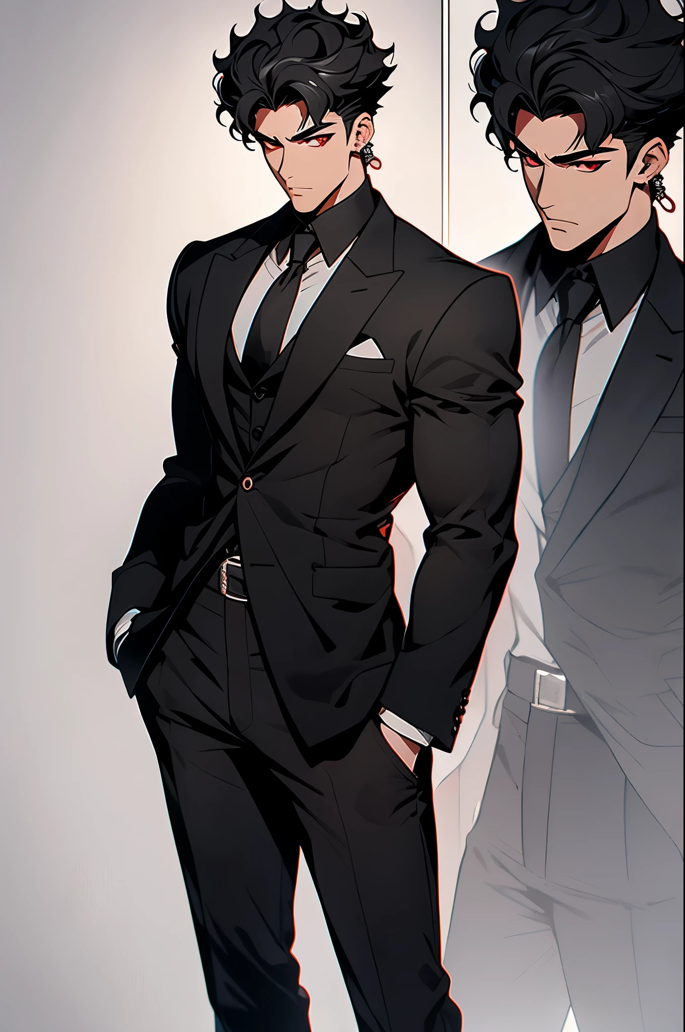 black hair, curly hair style, red eyes, nice eyes, athletick body, buffed body, aggrasive looking, wearing black suit, male, black trousers, grey tunic, black shoes, black punk gloves, red earrings, aggrasive looking, extra-detailed, extra details, Anime Style, character desing.