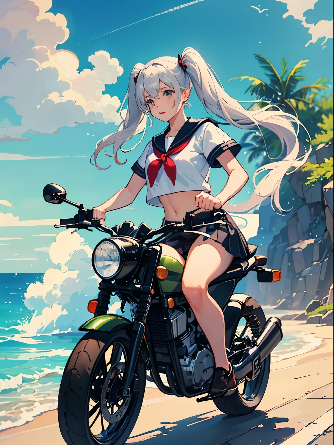 Seaside road, girl, sailor suit, summer vacation, watermelons, motorcycle,(long silver twintails)、master piece、High quality、Scenic spots