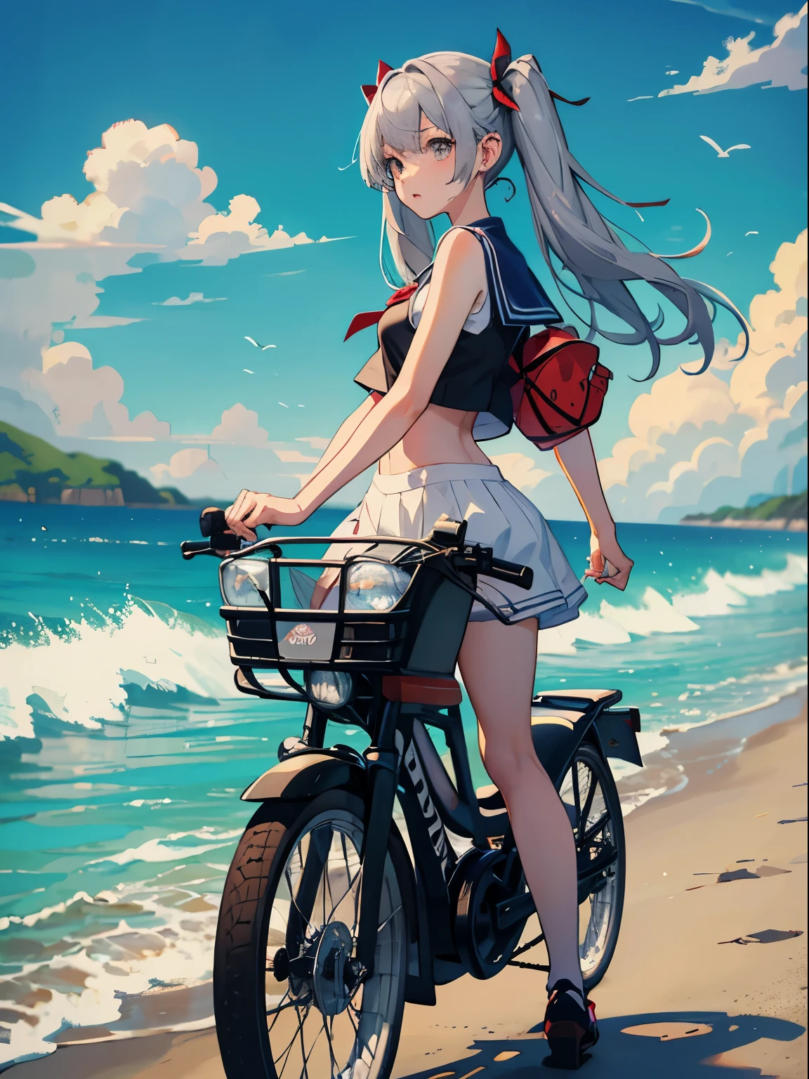 Seaside road, girl, sailor suit, summer vacation, watermelons, motorcycle,(long silver twintails)、master piece、High quality、Scenic spots