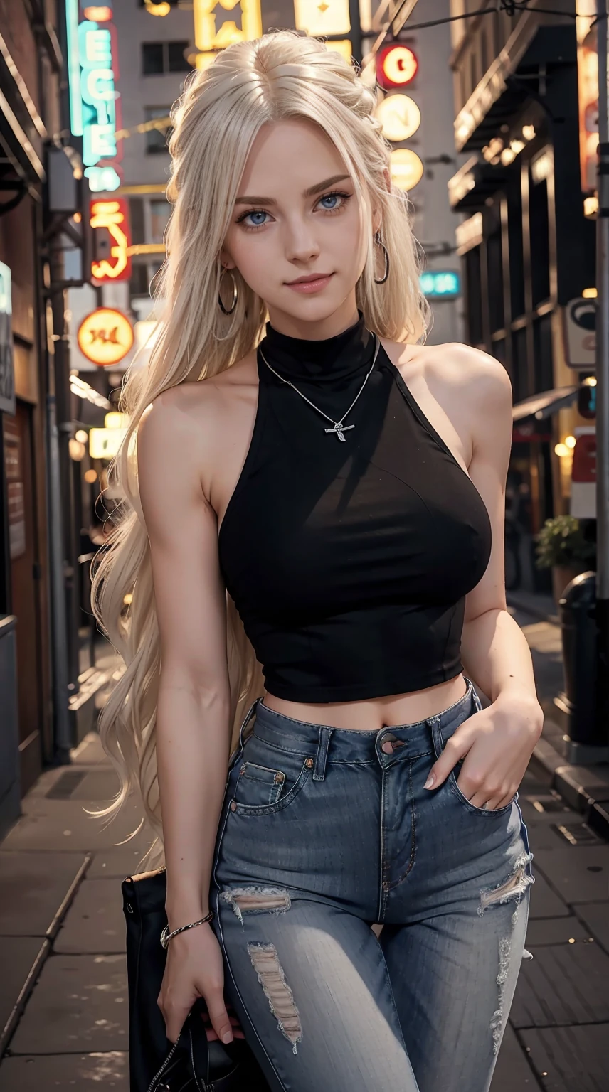22 year old white female、Hair color is platinum blonde、blue eyes、long hair、straight hair、The ends of the hair are wavy、accessories on wrist、wearing a necklace、has earrings、skin is smooth、Slender but muscular body、smile、Wearing a sleeveless black high-neck zipper-up top、wearing skinny jeans、I'm in a narrow alley in a restaurant district at night with neon lights shining.、Leaning against the wall and looking to the side