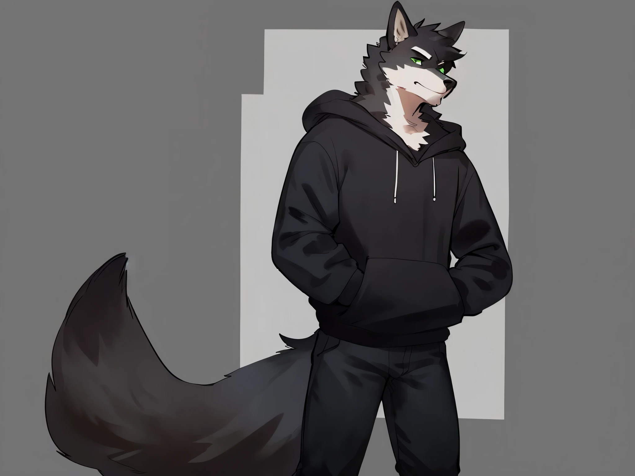 {{male, anthro, wolf, (black grey) fluffy mane, fluffy fur, semi-angry, green eyes, black short hair, long snout, long fluffy tail}}, wearing (black unzipped oversized hoodie, dark color shirt, black pants, hoodie on neck), {{detailed fluffy fur}}, by bebebebebe, by lostgoose, by goonie-san