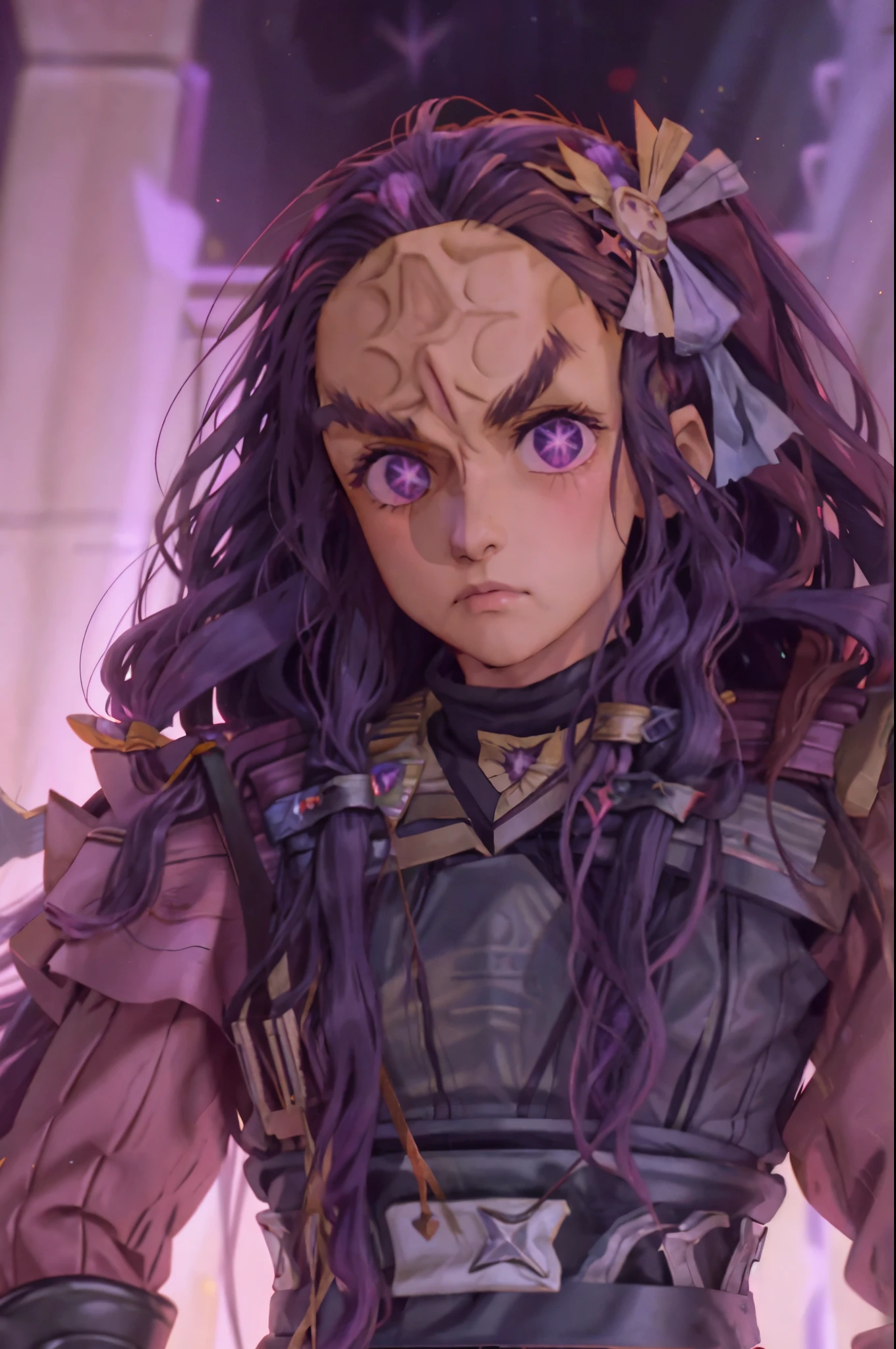 fullbody fullframe  Hoshino Ai, long hair, purple hair, streaked hair ,purple eyes, star-shaped pupils, hair ornament, klingon
forehead ridge
thick eyebrows
dark skin stash armour