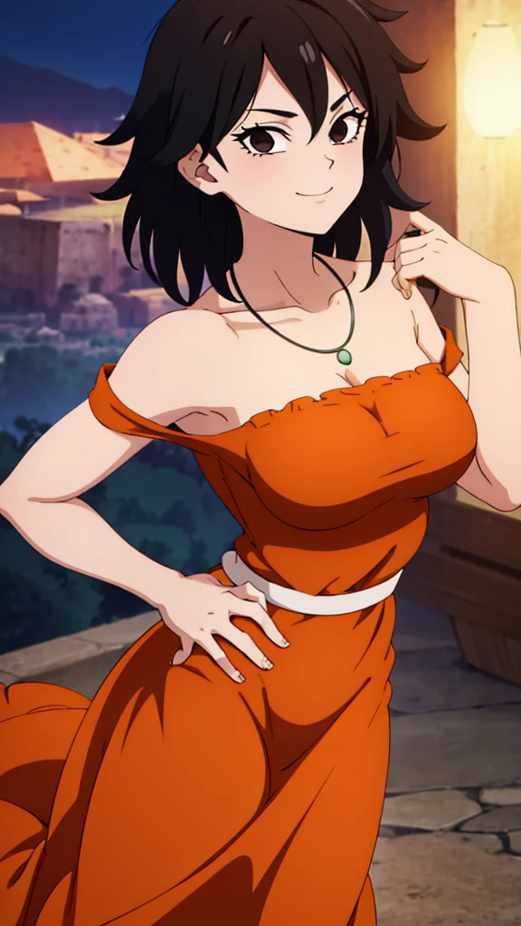 Gine as a flamenco dancer, masterpiece, best quality, ultra detailed, 8k, 4k, half body, cowboy shot, Gine, 1 girl, solo, smile, looking at viewer, full body, black hair, short hair, hand on hip, bare shoulder, bare arms, medium breast, necklace, seductive, strapless, a flamenco dress, orange ruffle off the shoulder attire, orange off the shoulder top, black maxi dress, Mexico City at night, close up.