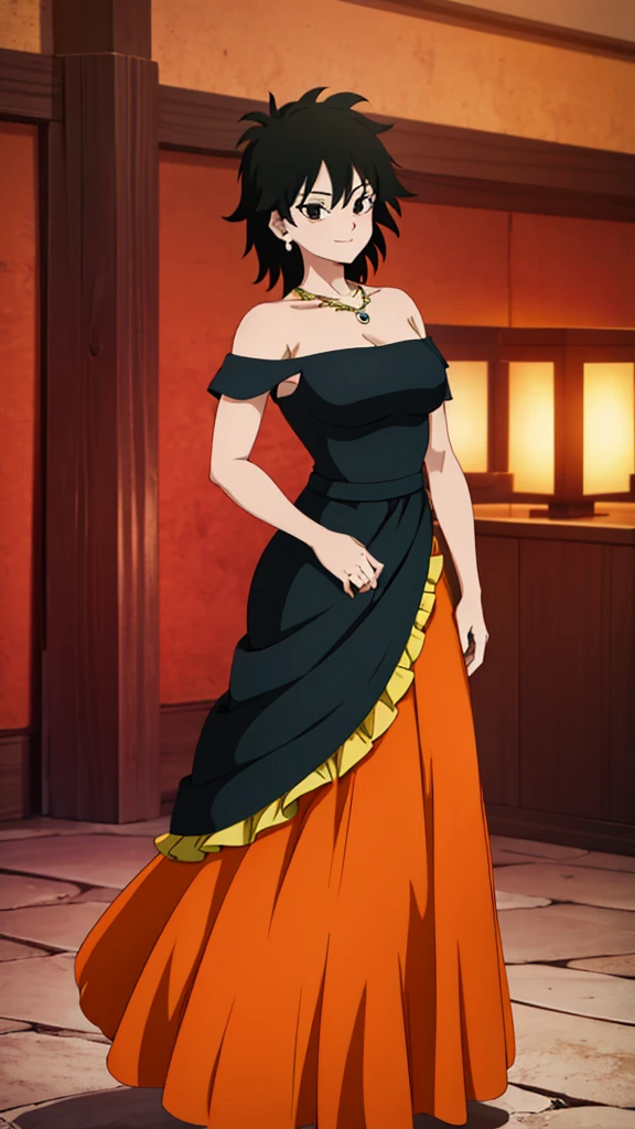 Gine as a flamenco dancer, masterpiece, best quality, ultra detailed, 8k, 4k, half body, cowboy shot, Gine, 1 girl, solo, smile, looking at viewer, full body, black hair, short hair, hand on hip, bare shoulder, bare arms, medium breast, necklace, seductive, strapless, a flamenco dress, orange ruffle off the shoulder attire, orange off the shoulder top, black maxi dress, Mexico City at night, close up.