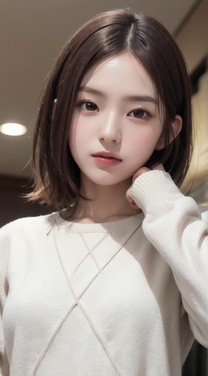 realistic, table top, highest quality, Raw photo, Portrait、1 girl, alone, Handsome Shorthair, brown hair, detailed face, fascinating face, The sweater that kills virginity, medium breasts, dynamic pose, looking at the viewer, from below, detailed background, Detailed, intricate details, ray tracing, Depth of the bounds written, low key, nffsw