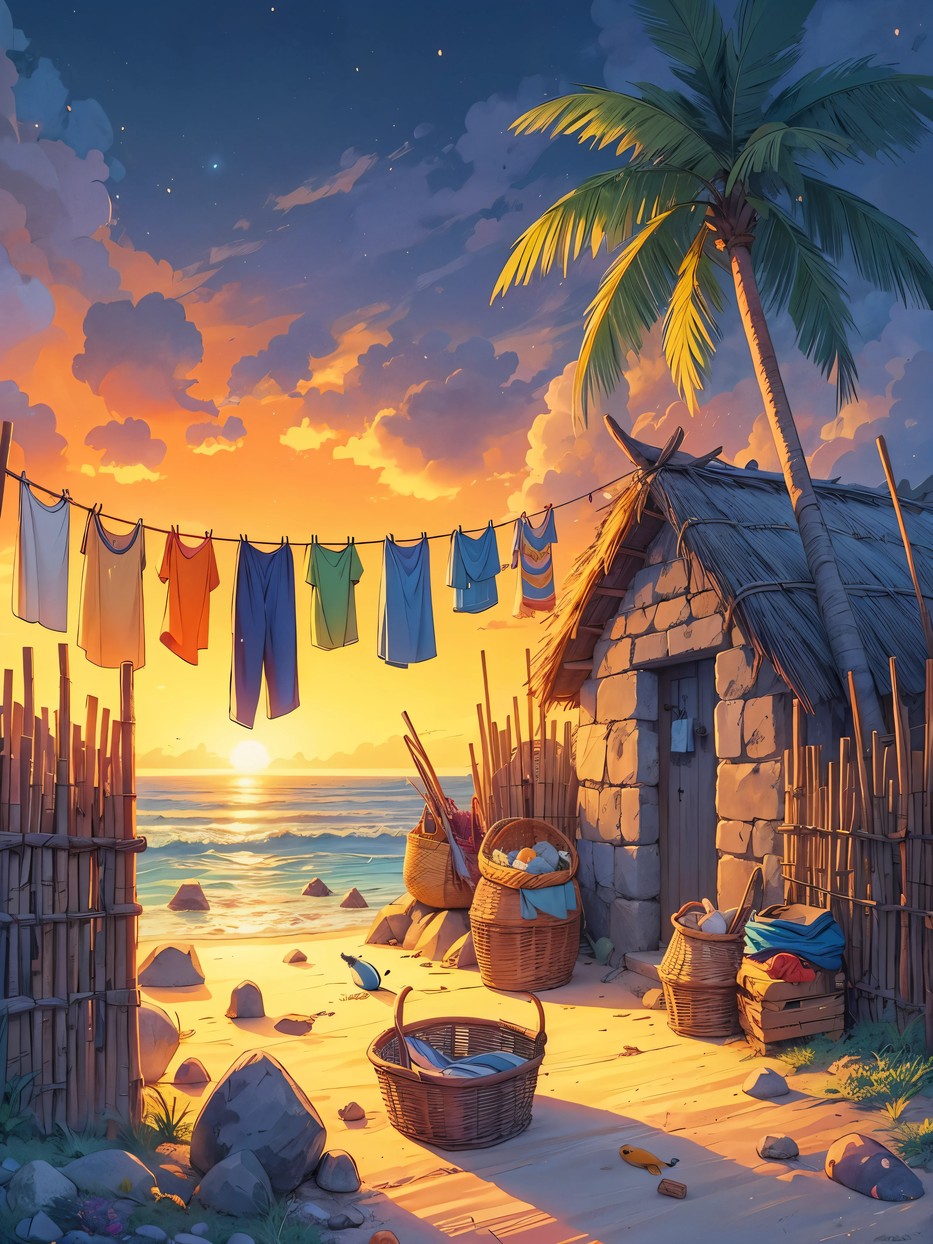 Draw an anime simple art scene of a fisherman's stone hut near beach, colorful clothes drying outside,one palm tree, boundary made with wooden sticks, fish in the basket outside, sandy beach, sunset, no human, vibrant color tones, dim light, masterpiece