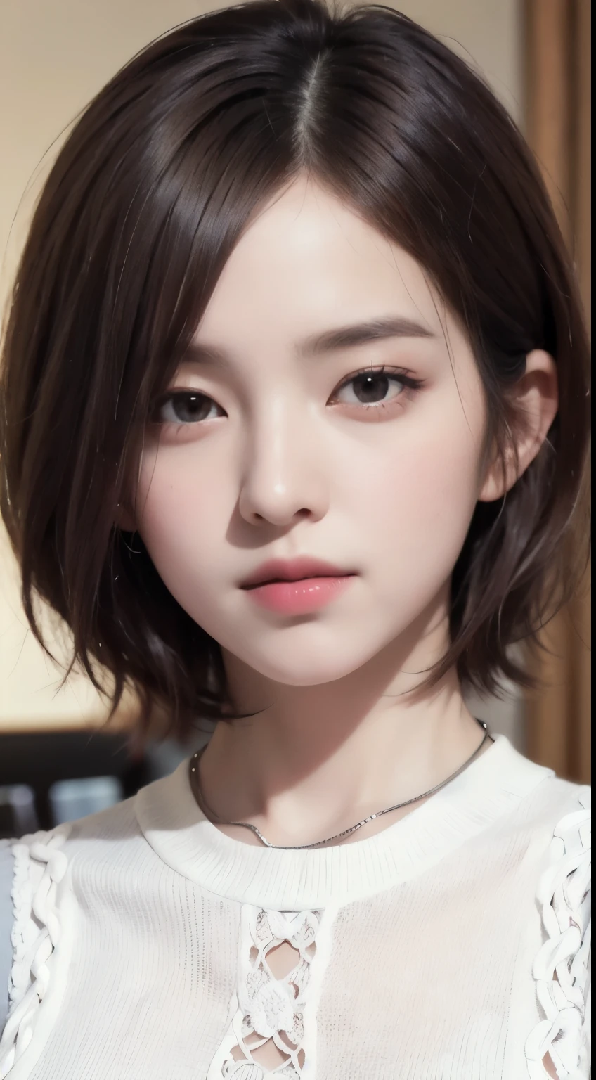 realistic, table top, highest quality, Raw photo, Portrait、1 girl, alone, Handsome Shorthair, brown hair, detailed face, fascinating face, The sweater that kills virginity, medium breasts, dynamic pose, looking at the viewer, from below, detailed background, Detailed, intricate details, ray tracing, Depth of the bounds written, low key, nffsw