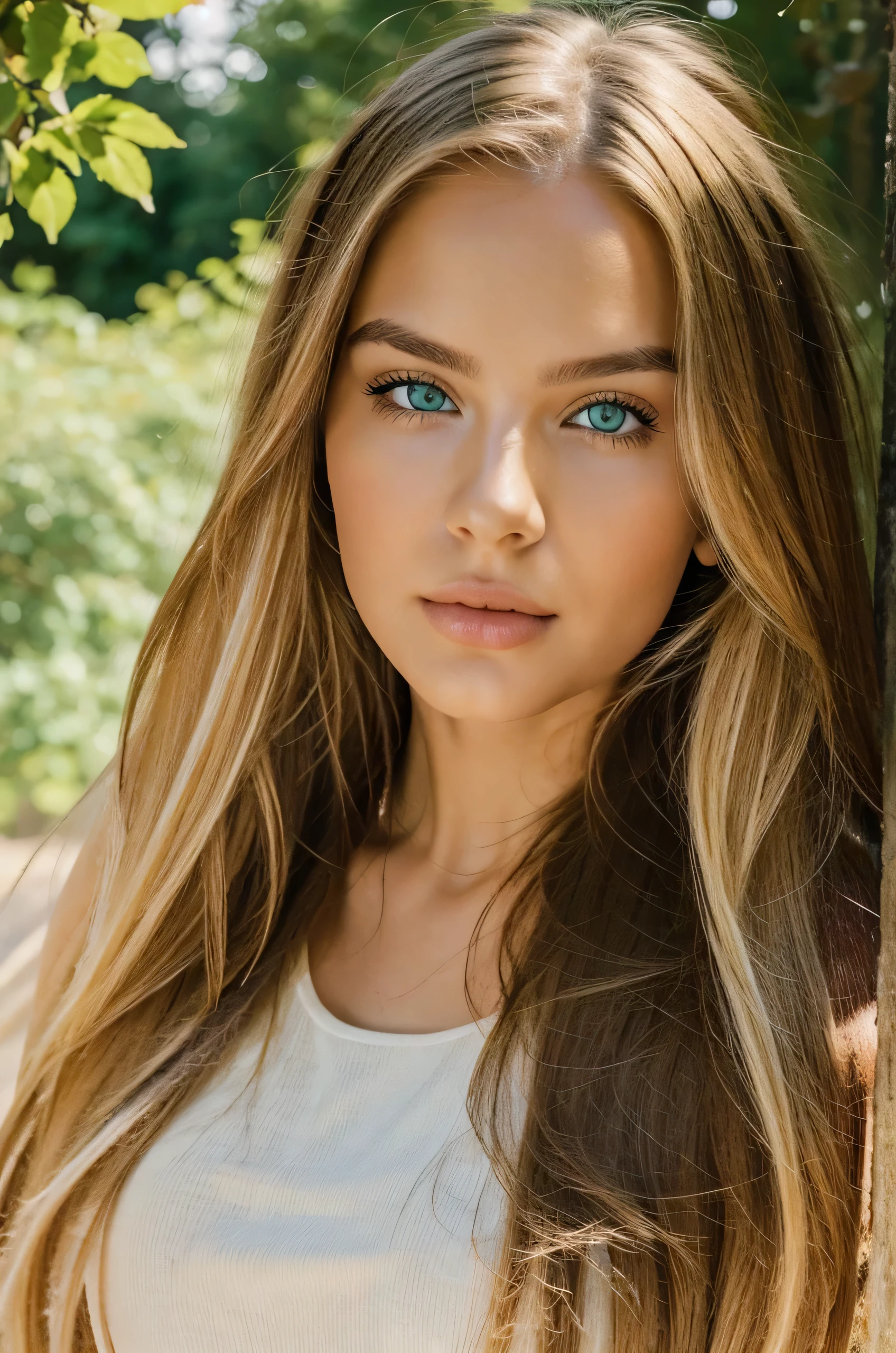 A photorealistic portrait of a 25-year-old Balkan girl with long, flowing blonde hair and striking green eyes. She should have a natural, approachable expression and be illuminated by soft, golden-hour sunlight. The background should be a scenic outdoor setting, perhaps a sunlit forest or beach. Capture this image with a high-resolution photograph using an 85mm lens for a flattering perspective