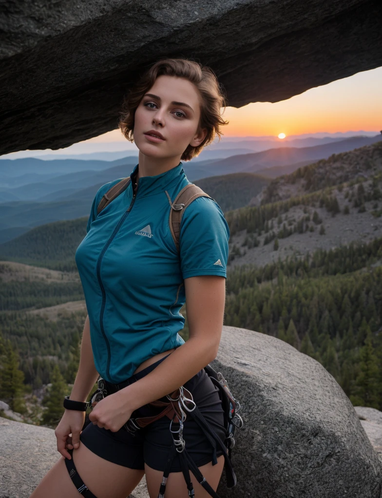 photo of a young girl of exquisite beauty posing for a picture on top of a rocky mountain, she  wearing professional climbing wear, she has short hair, it  a cold spring morning with a rising sun on the horizon [hourglass body figure, consistent facial and body proportions, aesthetic design and intricate composition, refined body details, natural beauty, realism, authenticity, photorealistic, accurate colors and shades, true tone representation, authentic shadows, sharp focus, fine details, high resolution scene, subtle lighting and highlights, texture fidelity]