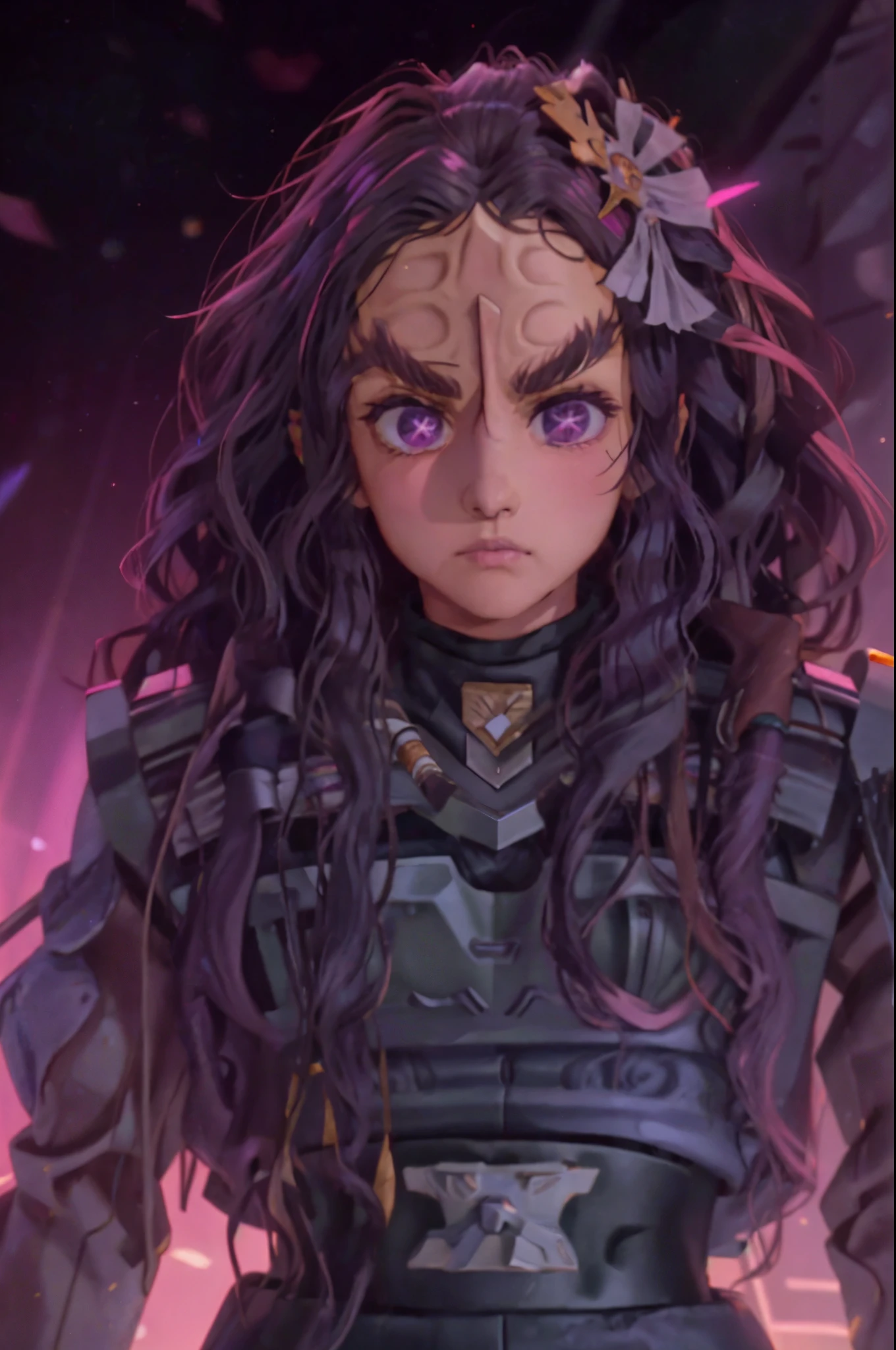 fullbody fullframe  Hoshino Ai, long hair, purple hair, streaked hair ,purple eyes, star-shaped pupils, hair ornament, klingon
forehead ridge
thick eyebrows
dark skin stash armour