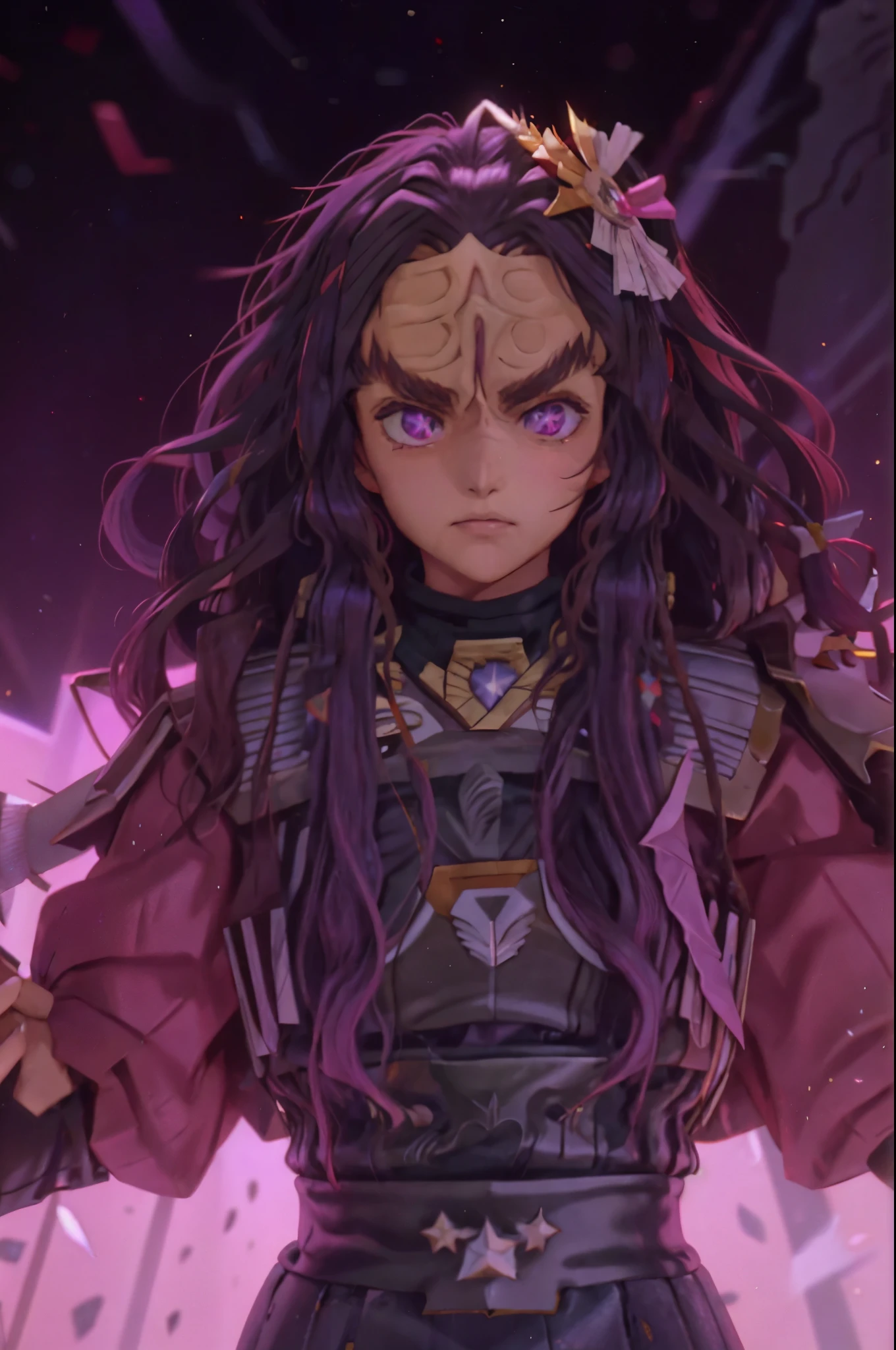 fullbody fullframe  Hoshino Ai, long hair, purple hair, streaked hair ,purple eyes, star-shaped pupils, hair ornament, klingon
forehead ridge
thick eyebrows
dark skin stash armour