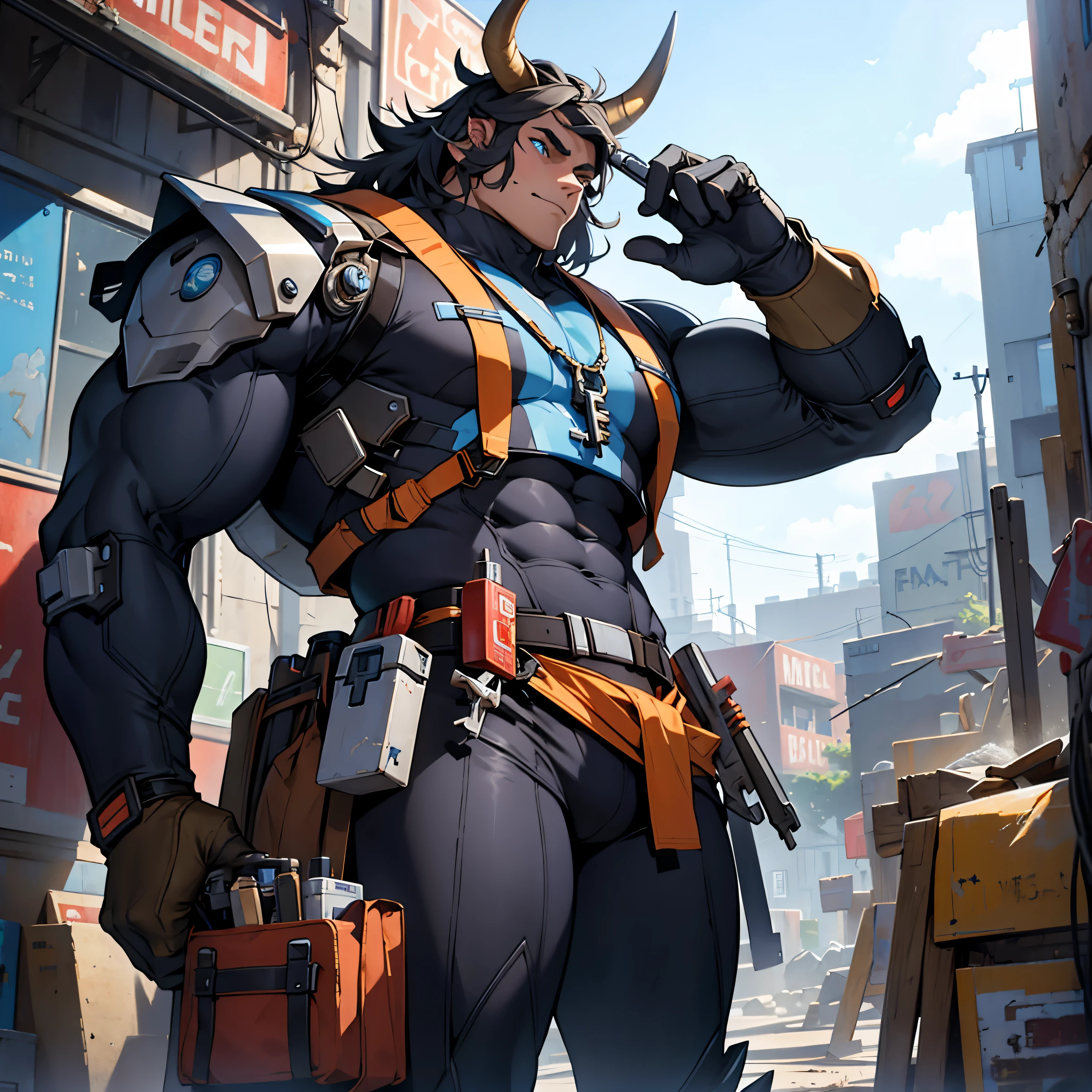 Minotaur mecha man holding repair tools,place a big key icon