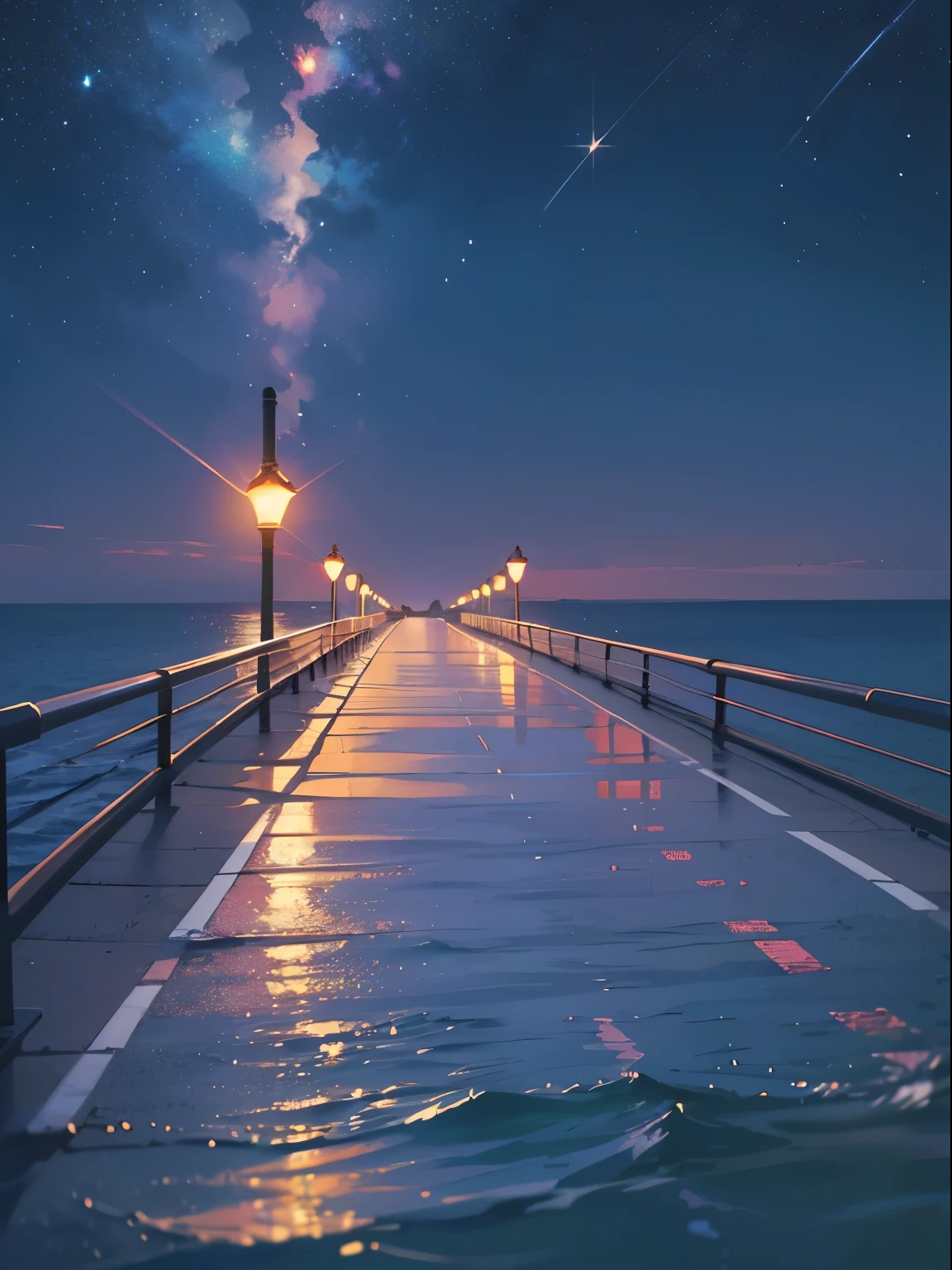Seaside road, girl, sailor suit, summer vacation, watermelons, motorcycle,(long silver twintails)、master piece、High quality、Scenic spots、evening、starry sky