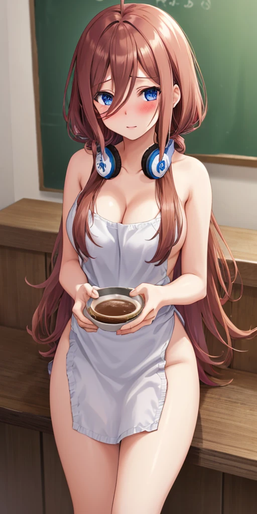 1girl, solo, nakano miku, brown long hair, hair between eyes, headphones, (naked:1.3), (white apron), large breasts, cleavage, thighs, cafe background, (blushing:1.2)
