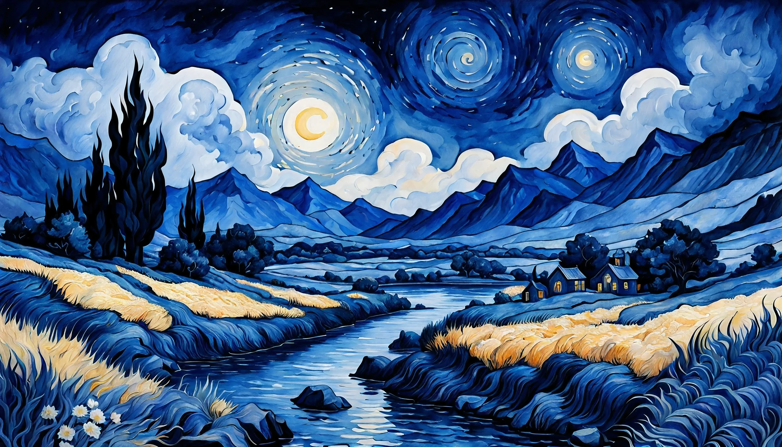 a fantasy landscape in a very dark blue color, van gogh style, Watercolor, trending on artstation, sharp focus, studio photo, intricate details, highly detailed, by greg rutkowski