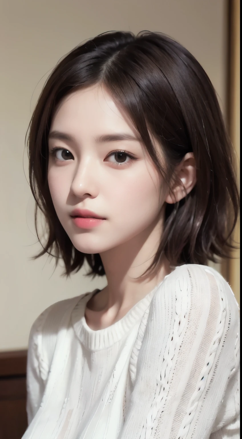 realistic, table top, highest quality, Raw photo, Portrait、1 girl, alone, Handsome Shorthair, brown hair, detailed face, fascinating face, The sweater that kills virginity, medium breasts, dynamic pose, looking at the viewer, from below, detailed background, Detailed, intricate details, ray tracing, Depth of the bounds written, low key, nffsw