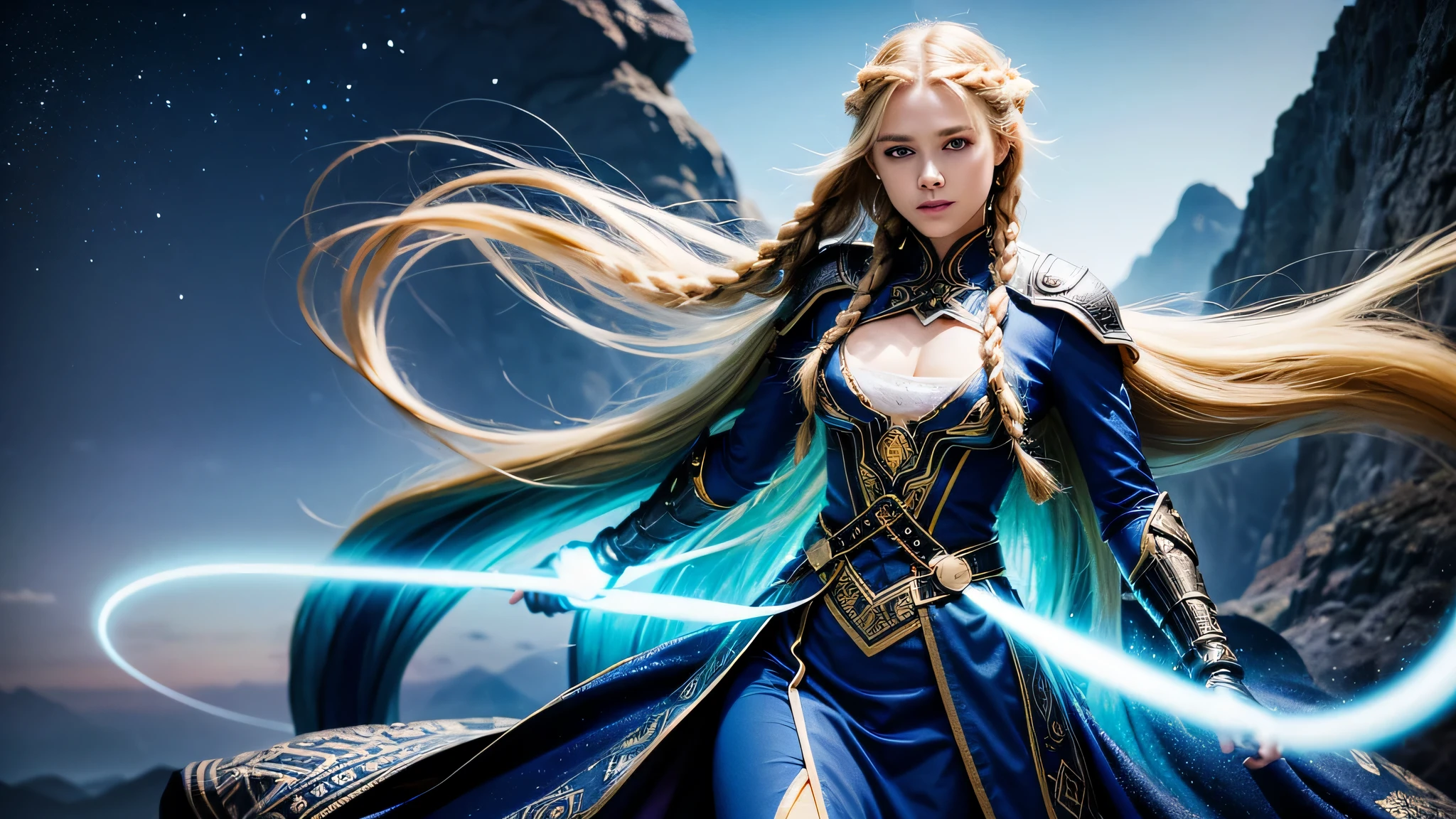 white woman with two braids and blue eyes, Olhando para o oceano, Mulher bonita e estilo viking, blonde braids and blue eyes, Two Long Braids, cabelos castanhos claros, olhos azuis, Olhos do Azure, Olhos azuis lindos, olhos azuis impressionantes, Norse goddess, crossed arms, fundo universo, Universo de fundo, crossed arms, roupa futurista azul escuro cobrindo todo o corpo, roupa futurista azul escuro,