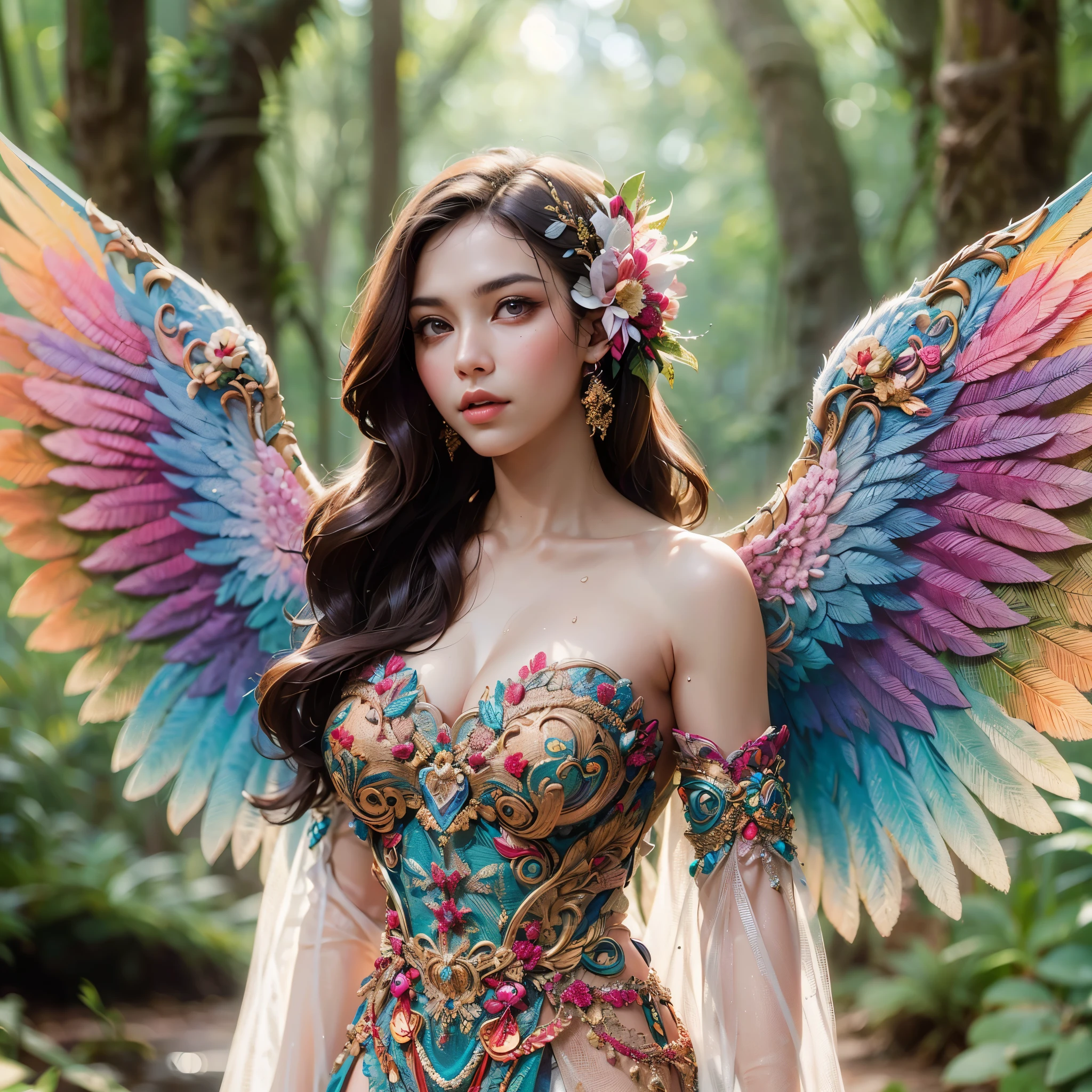 a woman with large round breast ,show her cleaveage, with a dress made of colorful feathers and flowers, with beautiful wings, rainbow wings, majestic wings, beautiful fairy, beautiful fairy, beautiful fantasy art, colorfull digital fantasy art, amazing fantasy art, ethereal wings, beautiful angel, fantasy art style, very beautiful fantasy art, of an beautiful angel girl, fairy magnificent, beautiful book fairy, (masterpiece, best quality:1.2),(8k,highres,RAW photo,realistic,photo-realistic:1.3),(detailed skin texture,detailed cloth texture,beautiful detailed face:1.25),professional lighting,photon mapping,beautiful soft light,radiosity,physically-based rendering,model shoot style, model shoot style, (extremely detailed CG unity 8k wallpaper), full shot body photo of the most beautiful artwork in the world, complex 3d render ultra detailed, looking at viewer, 18 yo, wet hair, real human skin, vibrant details, hyperrealistic, beautiful, octane render, 8k, best quality, masterpiece, an extremely delicate and beautiful, extremely detailed ,CG ,unity ,wallpaper, (realistic, photo-realistic:1.37),Amazing, finely detail, masterpiece,best quality,official art, extremely detailed CG unity 8k wallpaper ,extreme detailed eyes, (perfect face), shiny skin, colorful, highest detailed, vibrant colors, ultra high res, (high contrast), intricate, lens flare, (((nsfw)))