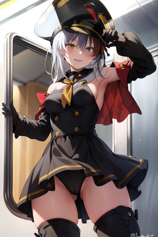 2D, masterpiece, highest quality, anime, very detailed, cowboy shot, 1 girl, alone, Marine_board member, Black leotard, black pantyhose, black gloves, striped hair, thigh boots, red coat, off shoulder, Shako Cap, heterochromia iris, red eyes, yellow eyes, Are standing, In the train car, enchanting smile