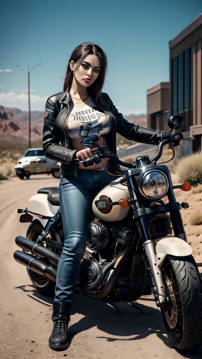 ((masterpiece)), ((best quality)), ((hyper detail)), wide angle shooting, digital painting, beautiful woman, long straight hair, eyebrows, perfect face, big breasts, T-shirt, exposed leather jacket, trousers, big thighs, (harley davidson motorbike), cowboy shot, background, (harley davidson motorbike:1.2), machine no, real, urban, street, desert, dust, realistic, professional photographer, (highly detailed), (intricate detail), (octane rendering), hd, uhd, 16k quality
