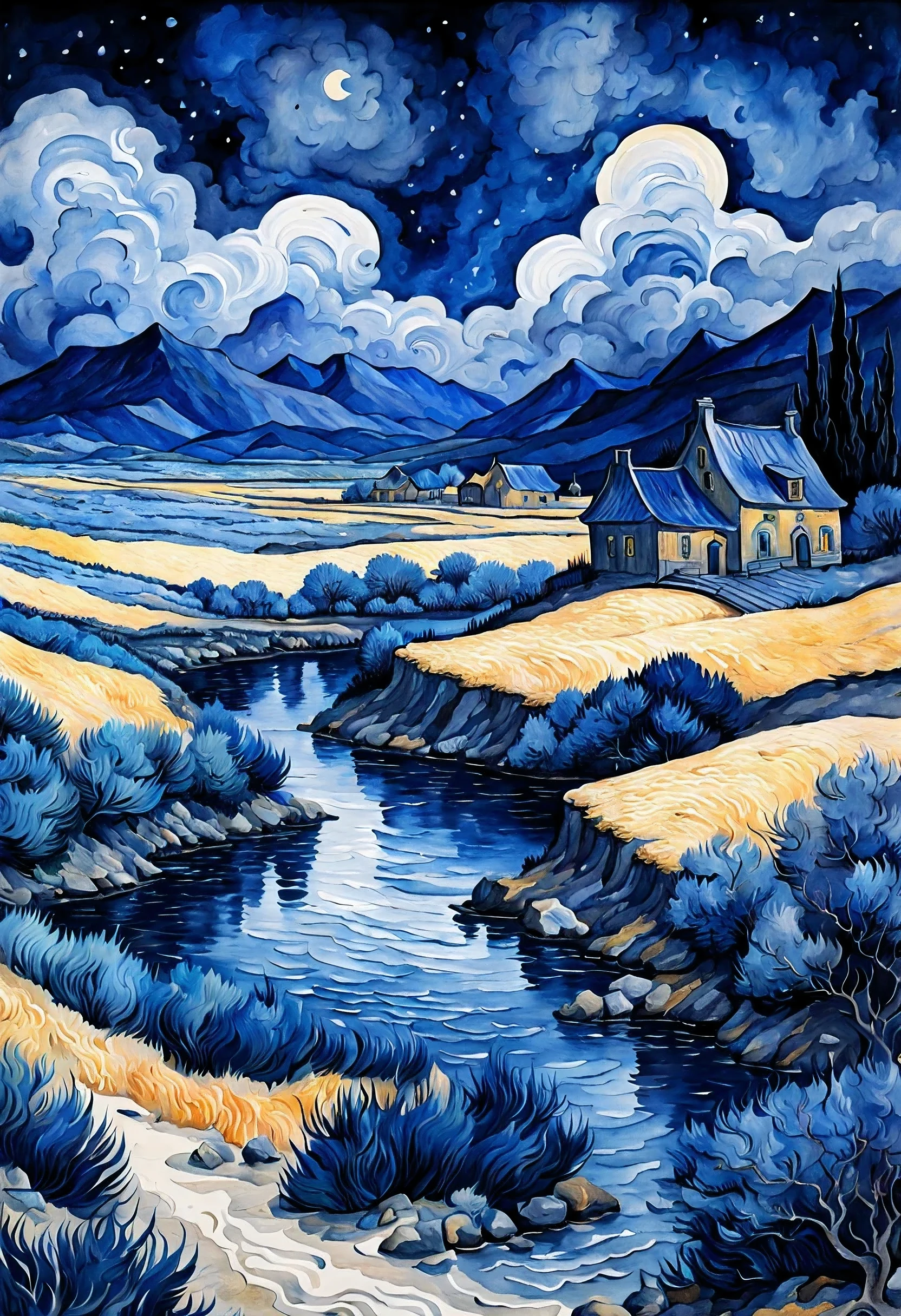 a fantasy landscape in a very dark blue color, van gogh style, Watercolor, trending on artstation, sharp focus, studio photo, intricate details, highly detailed, by greg rutkowski