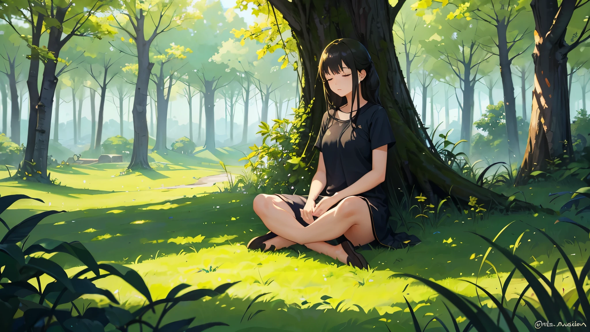 Girl sit in meditation pose green landscape closing her eyes feel the nature of ambient to reset her mind go deep inside her soul