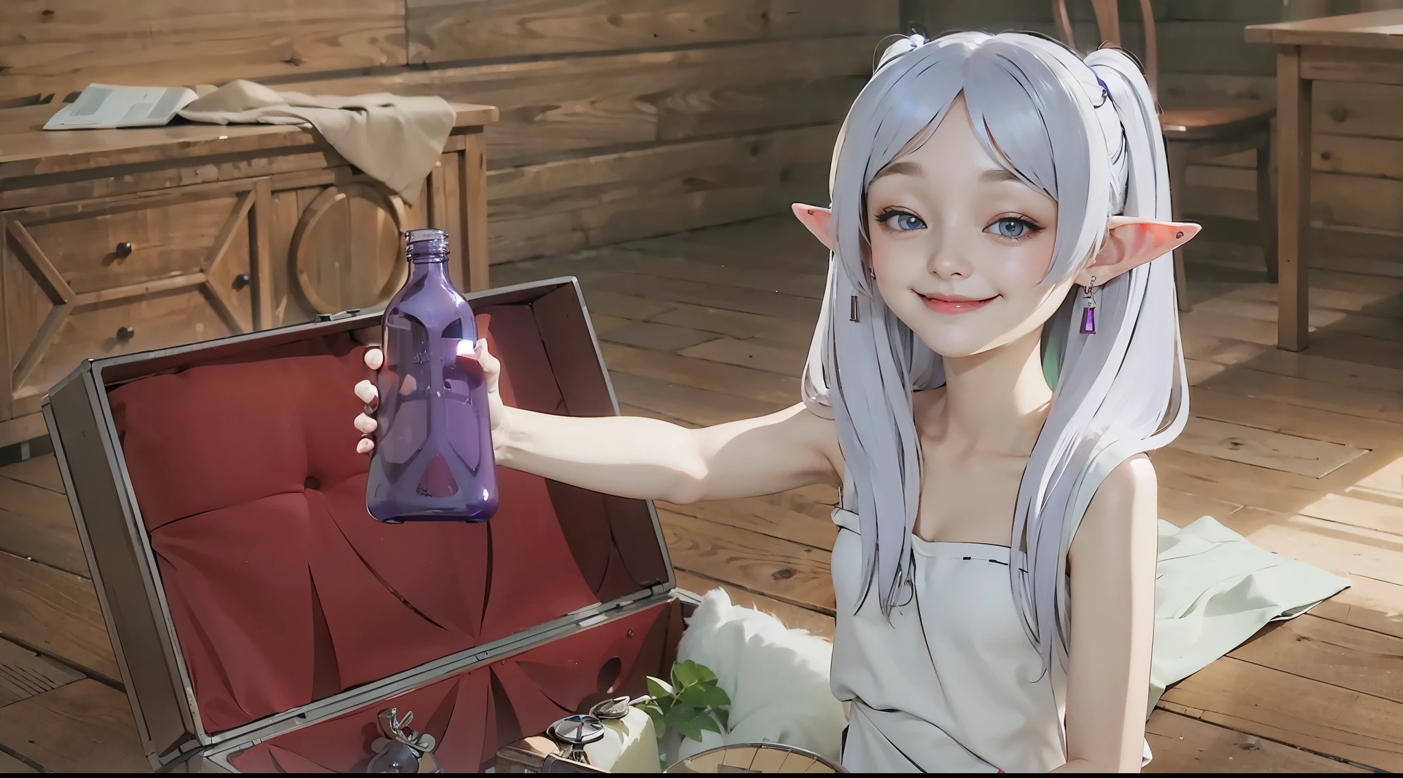 (Smirk:1.6),25 years old、Adult woman:1.1、green eyes:1.2、purple bottle、white clothes、silver eyebrows:1.3、high elf:1.2、elf ears、beautiful ears、silver hair:1.2、short eyebrows、twin tails、red earrings:1.2、detailed hair、movie writing、(best quality, 8K, 32K, muste piece, ticker:1.2)