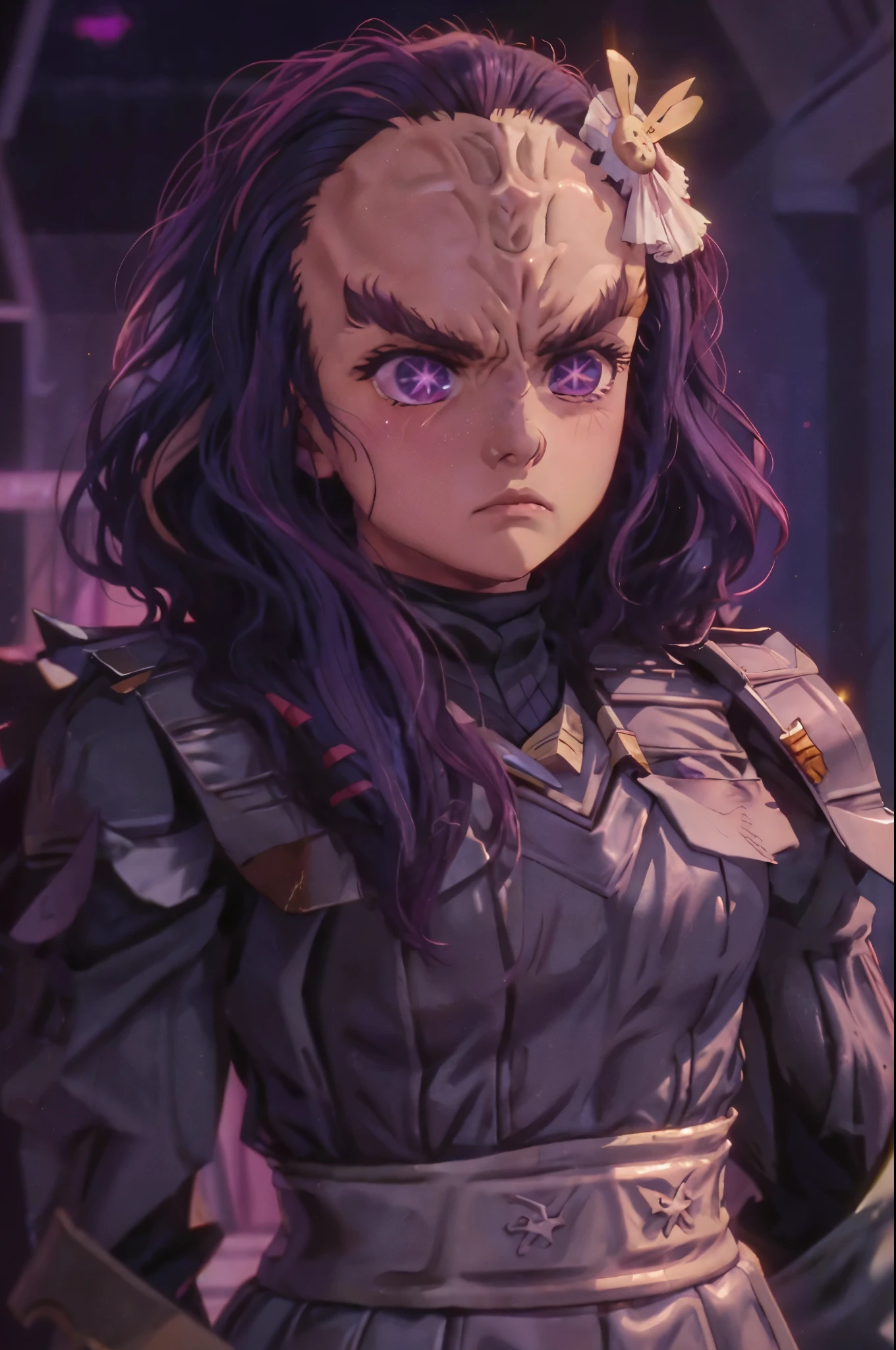 fullbody fullframe  Hoshino Ai, long hair, purple hair, streaked hair ,purple eyes, star-shaped pupils, hair ornament, klingon
forehead ridge
thick eyebrows
dark skin stash armour grumpy expressive emotions