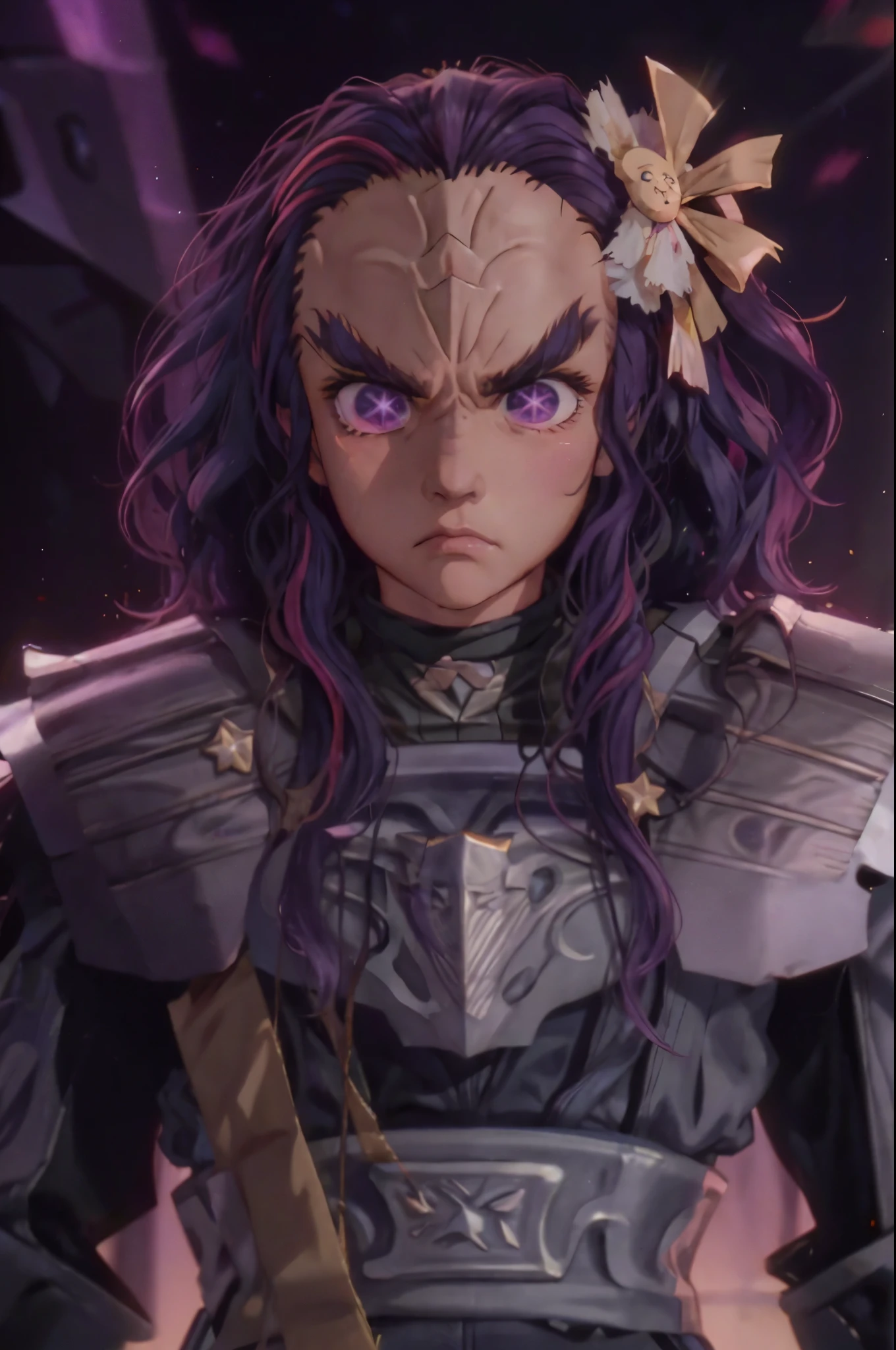 fullbody fullframe  Hoshino Ai, long hair, purple hair, streaked hair ,purple eyes, star-shaped pupils, hair ornament, klingon
forehead ridge
thick eyebrows
dark skin stash armour grumpy expressive emotions