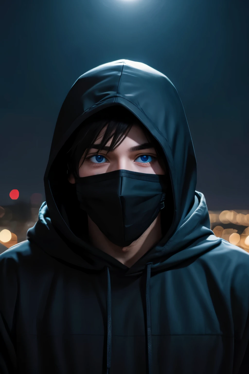 young man, black hoodie, masker, blue eyes, night