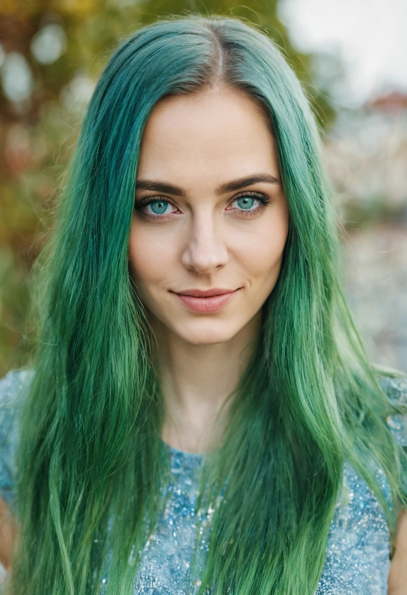 Beautiful russian with full green hair, portrait photo (looking straight into camera), highly detailed, 22 years old, ismile face, natural straight hair, blue eyes