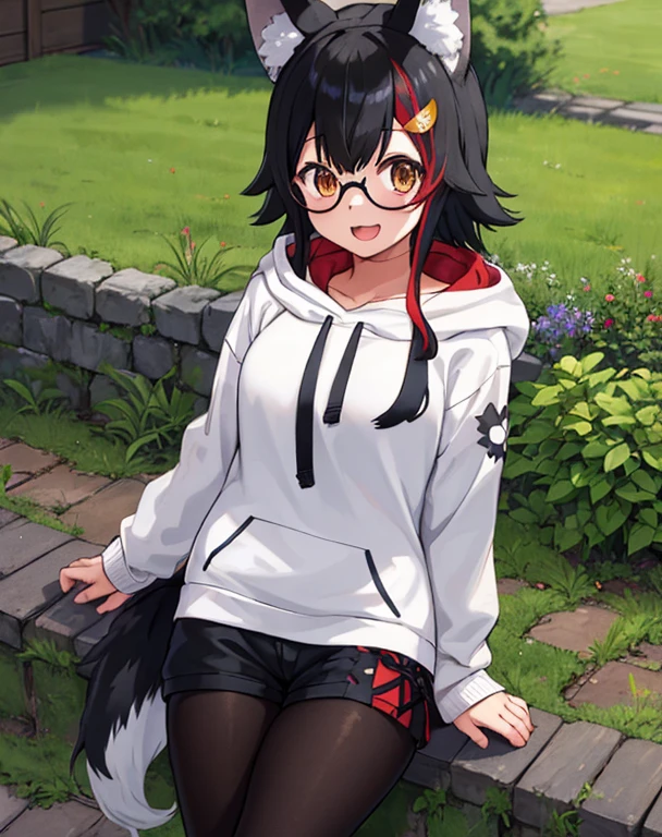 1 girl, alone, garden, wood, cobblestone road, cowboy shot, :d, Mio Parker, medium hair, hair ornaments, black hoodie, white hoodie, (paw print), red frame glasses, short shorts, black pantyhose, wolf tail